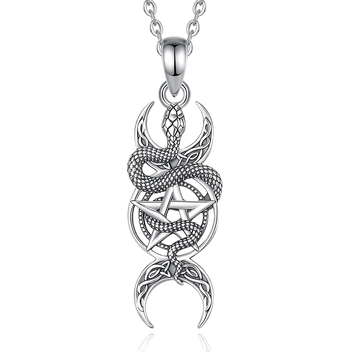 Collier Eudora en argent sterling 925 avec pendentif pentagramme serpent et triple lune, amulette, bijou wicca païen, cadeau pour femme ou homme.