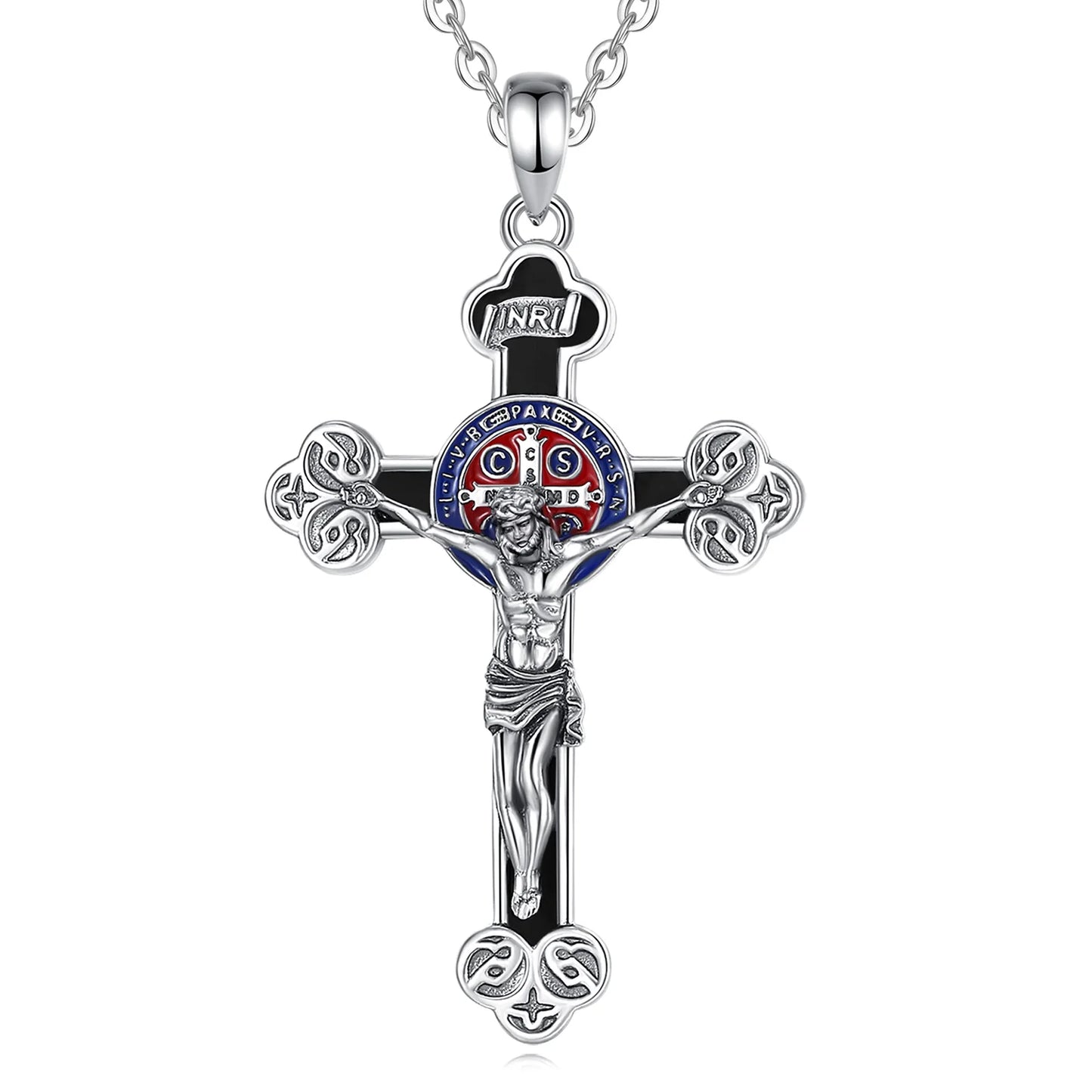 Collier Croix Crucifix Jésus en argent sterling 925 Eudora – Amulette en obsidienne et pendentif Saint Benoît | Bijou religieux