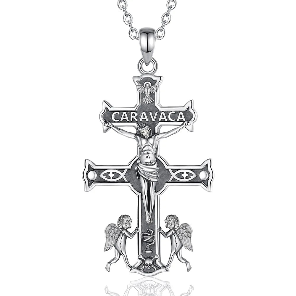 Collier Croix Jésus en argent sterling 925 Caravaca Eudora – Pendentif amulette ange vintage | Bijou religieux, cadeau original pour homme