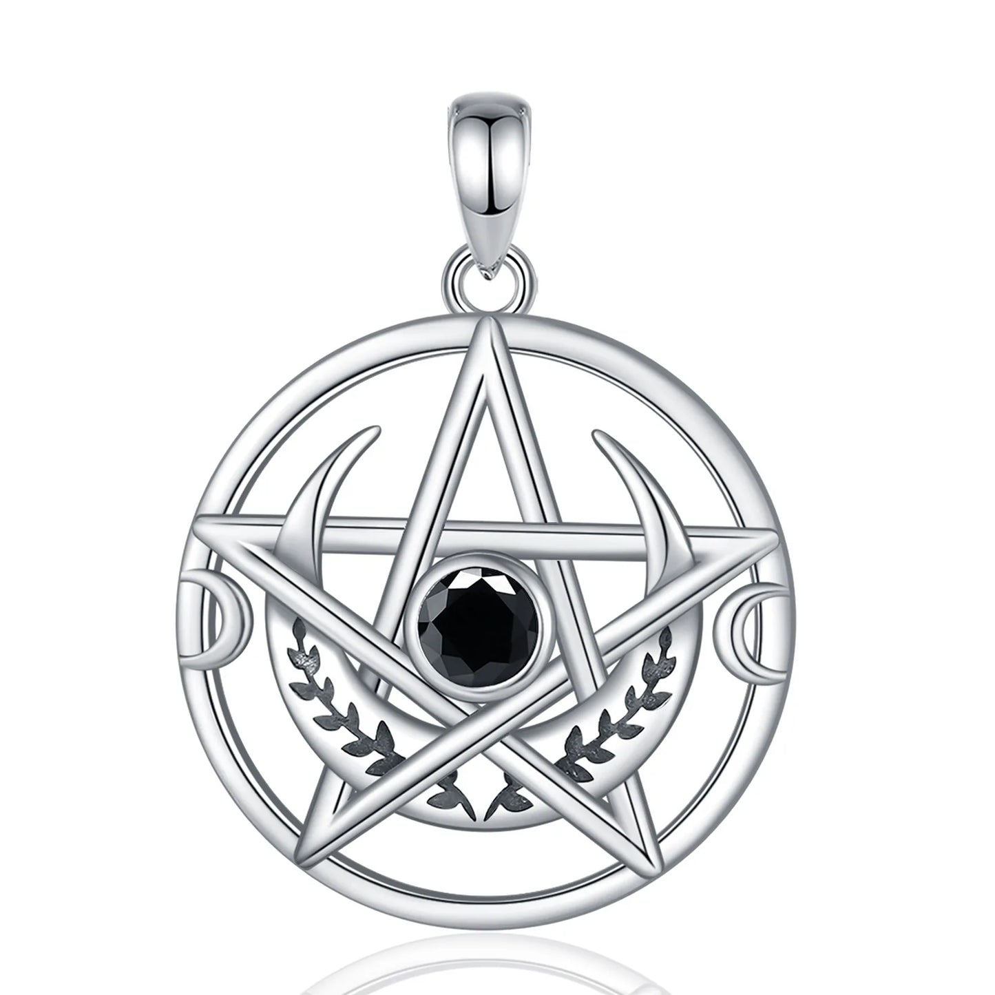 Collier Eudora en argent sterling 925 avec pentagramme et pendentif amulette triple lune en zircon noir | Bijou païen wicca, cadeau pour femmes et hommes