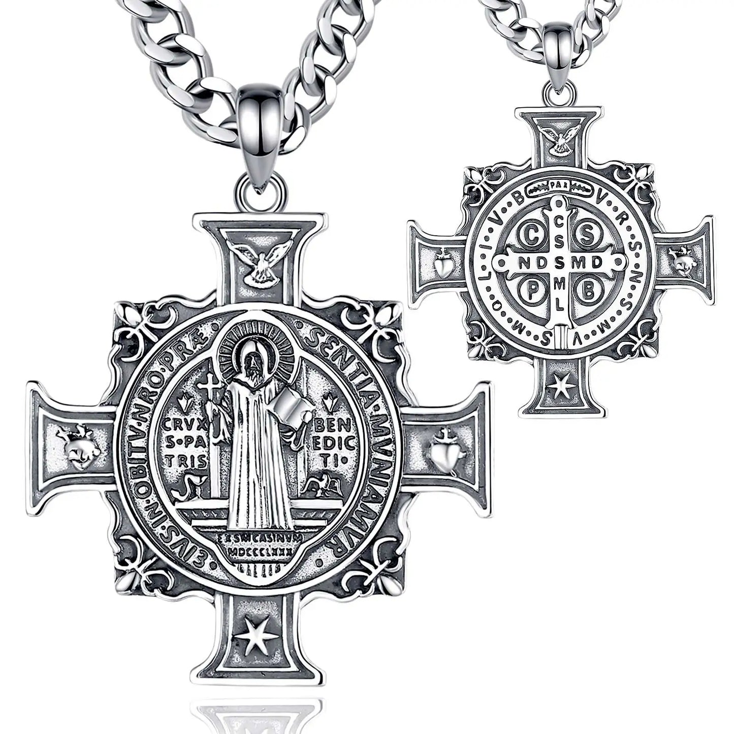 Collier Eudora en argent sterling 925 avec pendentif croix de Saint Benoît | Bijou religieux catholique pour hommes et femmes