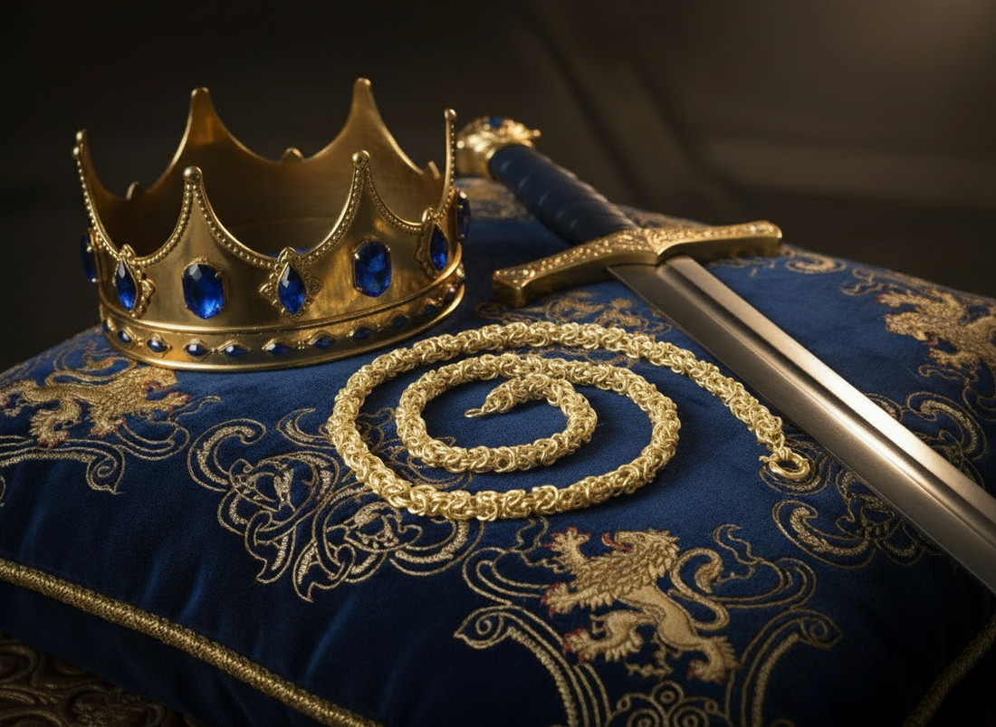 High-end Byzantine chain in gold displayed with a royal crown and sword on a blue velvet cushion