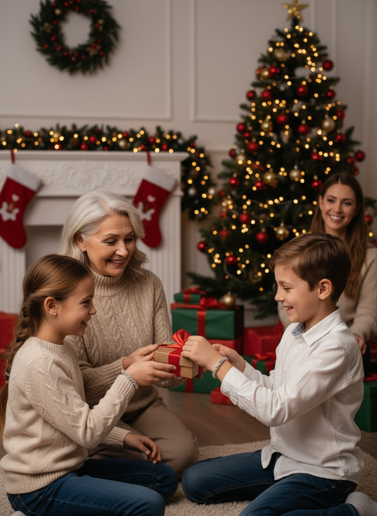 Grandmother and grandchildren exchanging a gift in front of a Christmas tree, symbolizing a jewelry legacy passed between generations