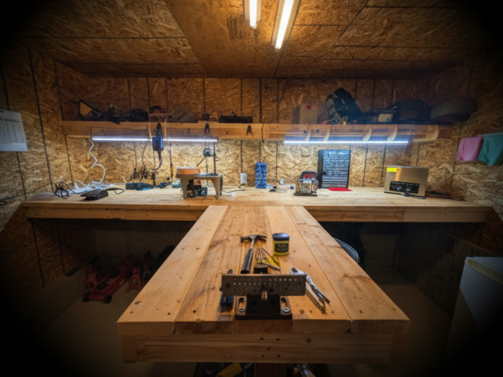 Wooden workbench in a workshop with tools and equipment.