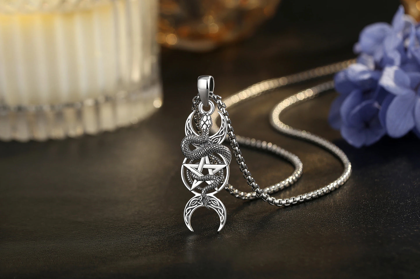 Collier Eudora en argent sterling 925 avec pendentif pentagramme serpent et triple lune, amulette, bijou wicca païen, cadeau pour femme ou homme. 