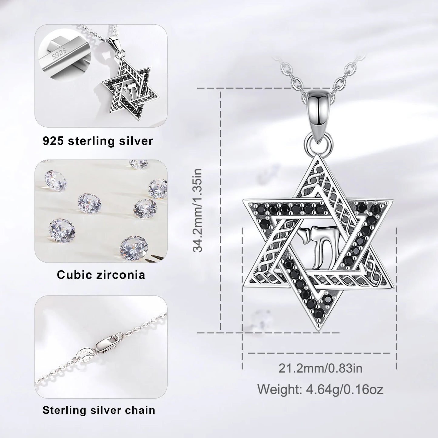 Pendentif Étoile de David en argent sterling 925 Eudora – Collier amulette hexagramme vintage YHWH | Bijou religieux, cadeau pour femmes et hommes 