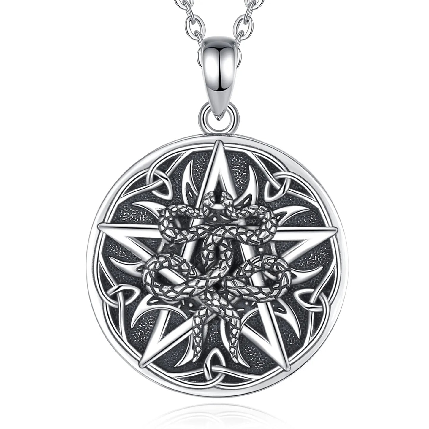 Collier Eudora en argent sterling 925 avec pentagramme et serpent – ​​Pendentif croissant de lune et nœud celtique | Bijou spirituel wiccan païen pour homme