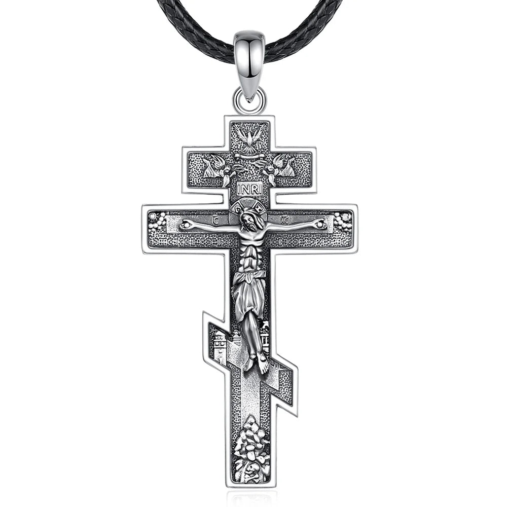 Eudora New 925 Sterling Silver Jesus Orthodox Cross Necklace – Cross Amulet Pendant | Christian Religious Jewelry Gift for Men