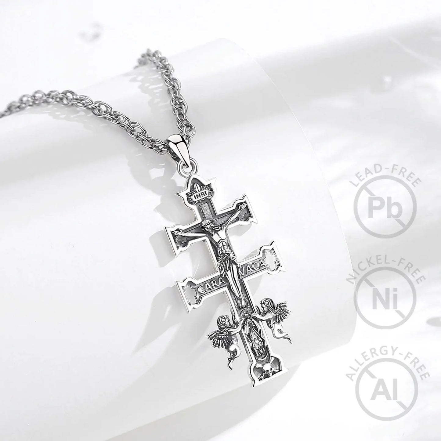 Collier Croix Caravaca en argent sterling 925 Eudora – Pendentif Croix orthodoxe Jésus Ange | Bijou chrétien catholique, cadeau pour hommes et femmes