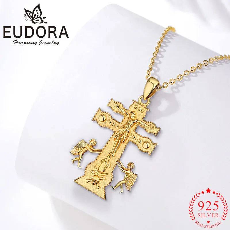 Eudora New 925 Sterling Silver Caravaca Cross Necklace – 18K Gold Jesus Cross Pendant | Religious Jewelry Exquisite Gift for Men & Women