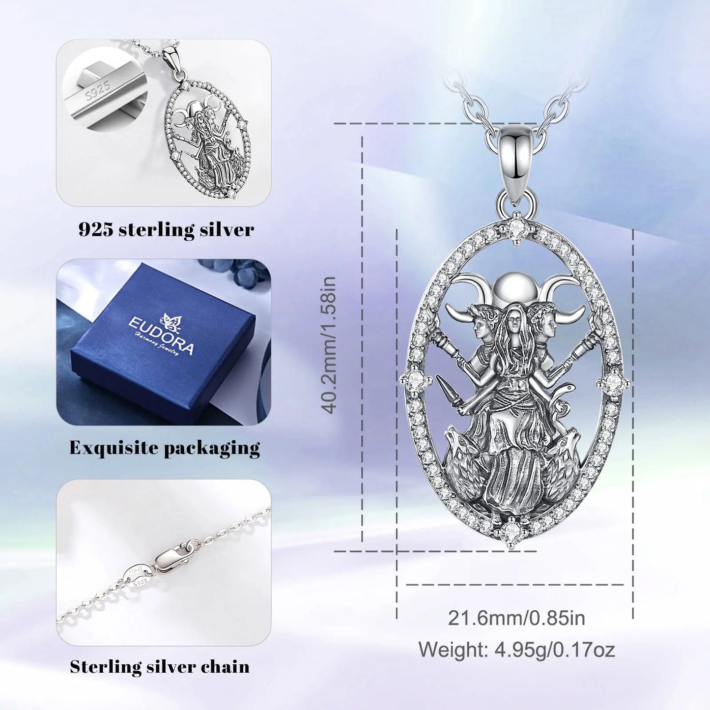 Collier Eudora en argent sterling 925, pendentif Hécate, déesse de la triple lune et amulette chien en zircon cubique | Bijou spirituel païen wiccan, cadeau pour femmes et hommes 