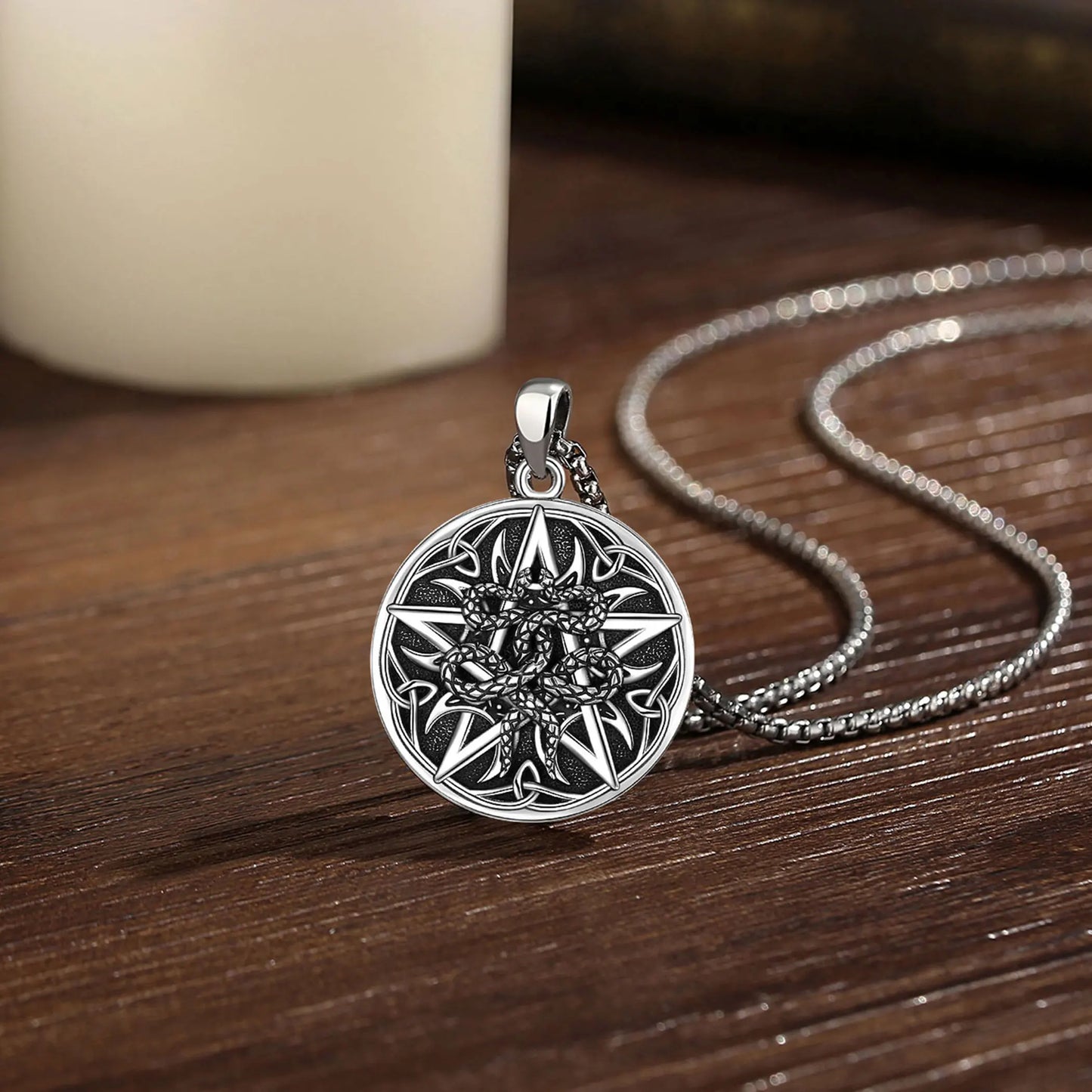 Collier Eudora en argent sterling 925 avec pentagramme et serpent – ​​Pendentif croissant de lune et nœud celtique | Bijou spirituel wiccan païen pour homme