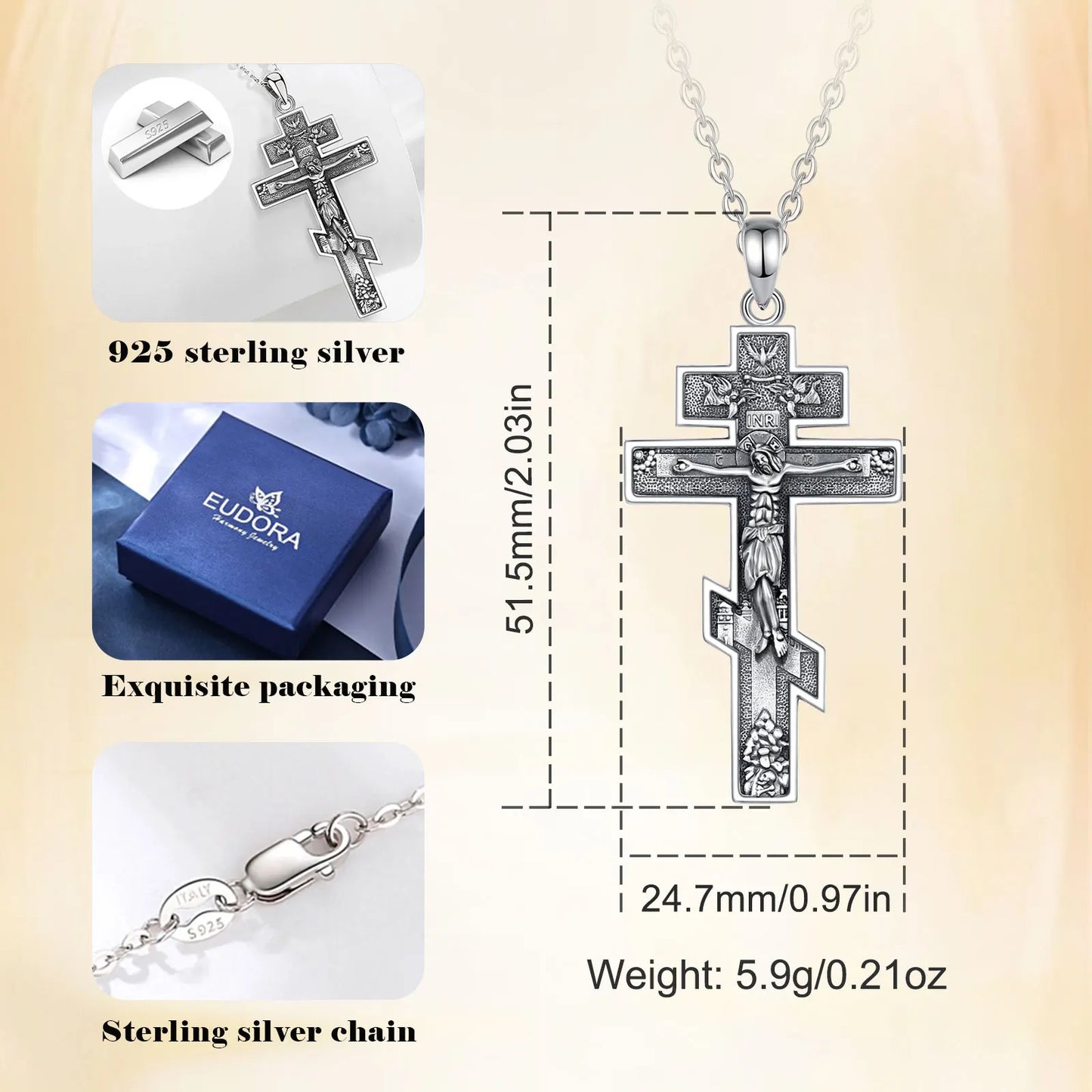 Collier Croix Orthodoxe Eudora en Argent Sterling 925 – Pendentif Crucifix de Jésus | Bijou religieux chrétien pour hommes et femmes 