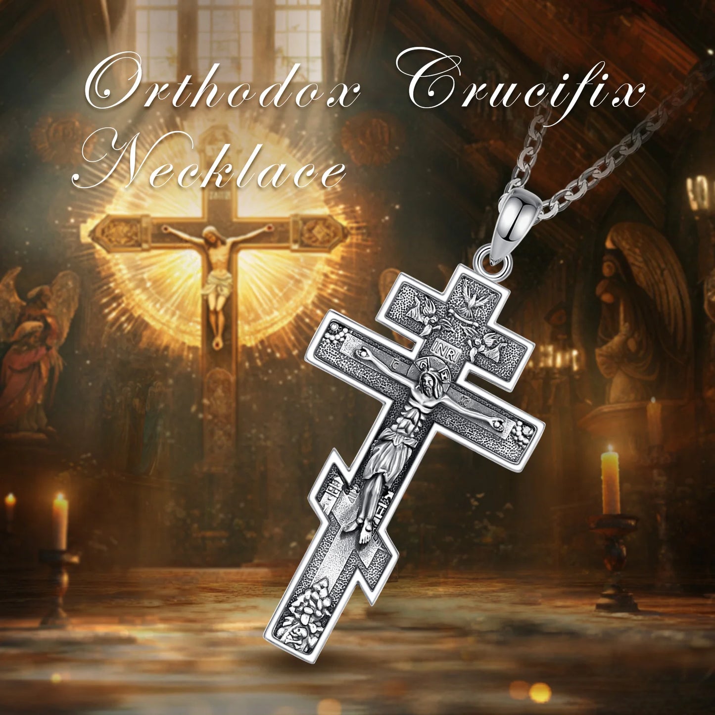 Eudora New 925 Sterling Silver Jesus Orthodox Cross Necklace – Cross Amulet Pendant | Christian Religious Jewelry Gift for Men