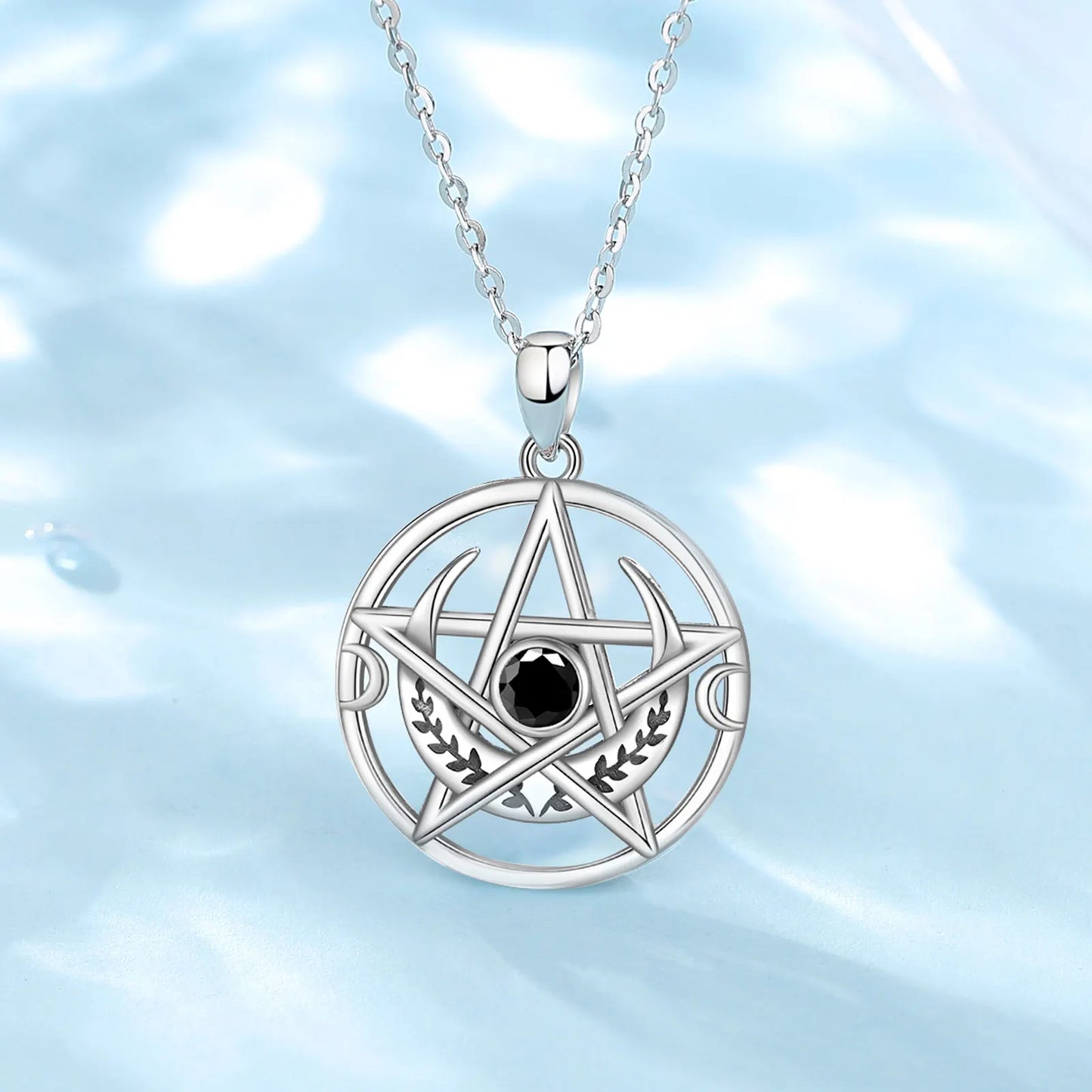 Collier Eudora en argent sterling 925 avec pentagramme et pendentif amulette triple lune en zircon noir | Bijou païen wicca, cadeau pour femmes et hommes