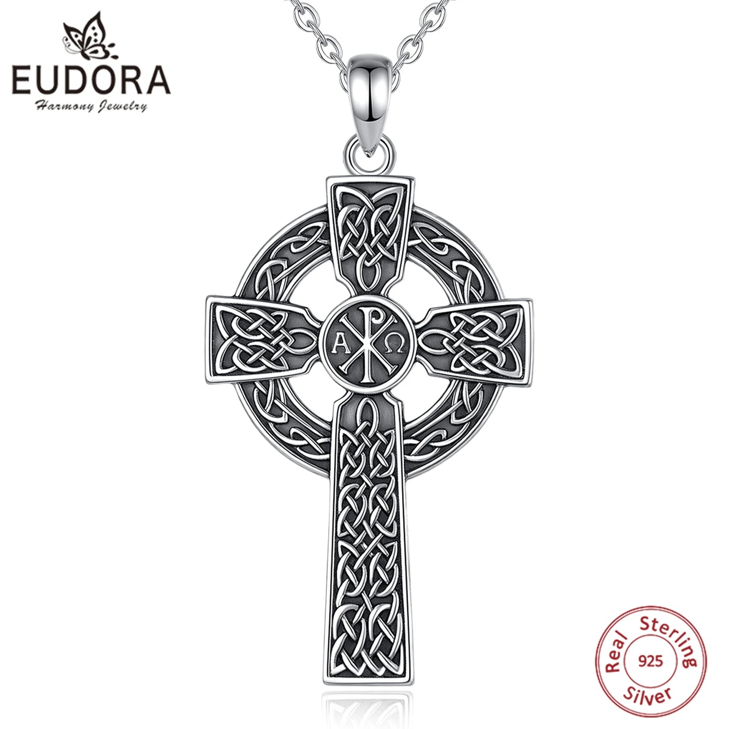Collier croix nœud celtique en argent sterling 925 Eudora – Pendentif Chi Rho vintage | Bijou religieux chrétien, cadeau pour femmes et hommes 