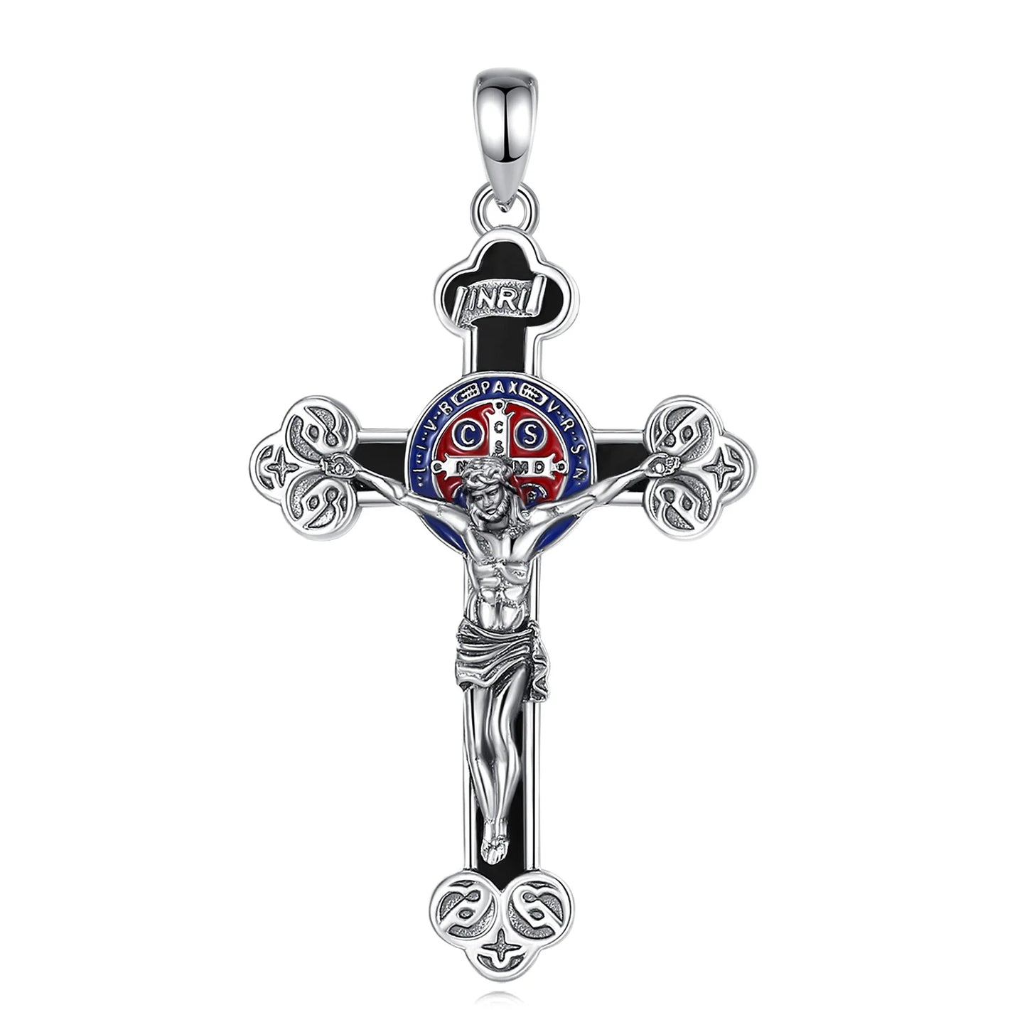 Collier Croix Crucifix Jésus en argent sterling 925 Eudora – Amulette en obsidienne et pendentif Saint Benoît | Bijou religieux