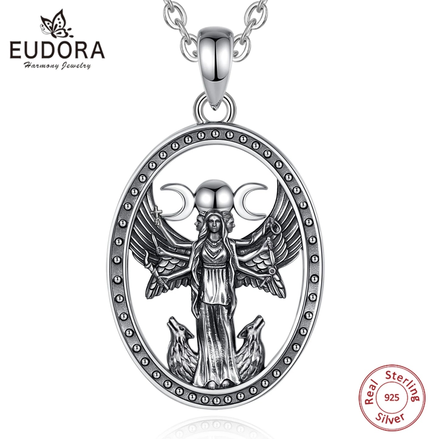 Collier Eudora en argent sterling 925, triple lune et déesse – Pendentif amulette Hécate (chien) | Bijou païen wicca, cadeau pour femmes et hommes 