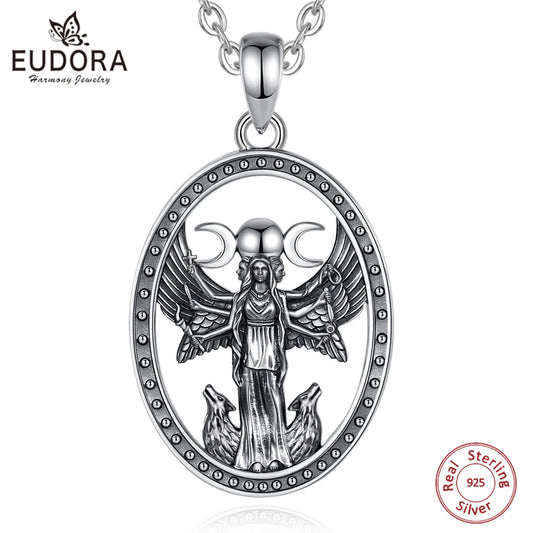 Collier Eudora en argent sterling 925, triple lune et déesse – Pendentif amulette Hécate (chien) | Bijou païen wicca, cadeau pour femmes et hommes 