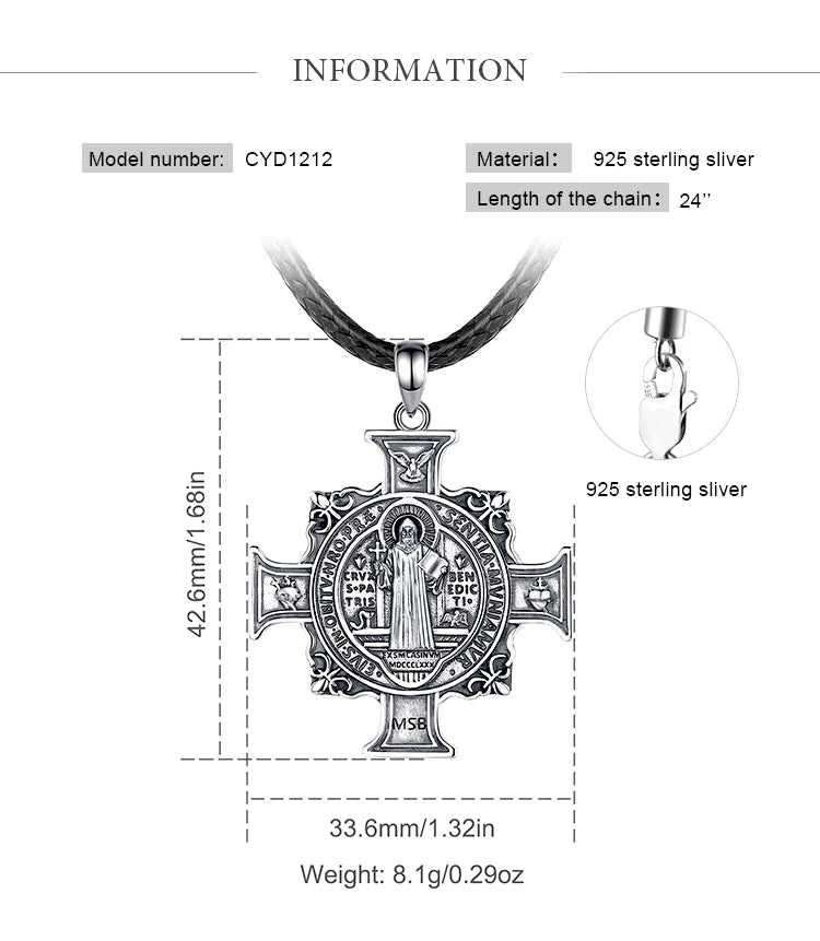 Collier Eudora en argent sterling 925 avec pendentif croix de Saint Benoît | Bijou religieux catholique pour hommes et femmes 