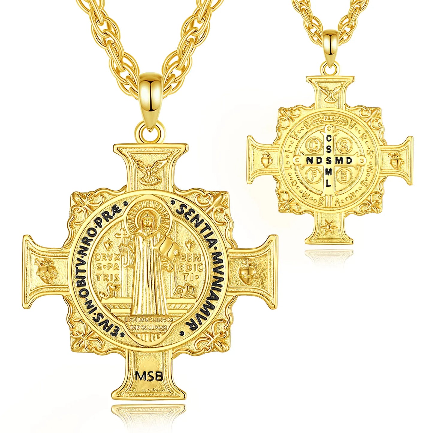 Collier Eudora en argent sterling 925 avec pendentif croix et médaille de Saint Benoît – Plaqué or 18 carats | Bijou de protection chrétien pour homme 