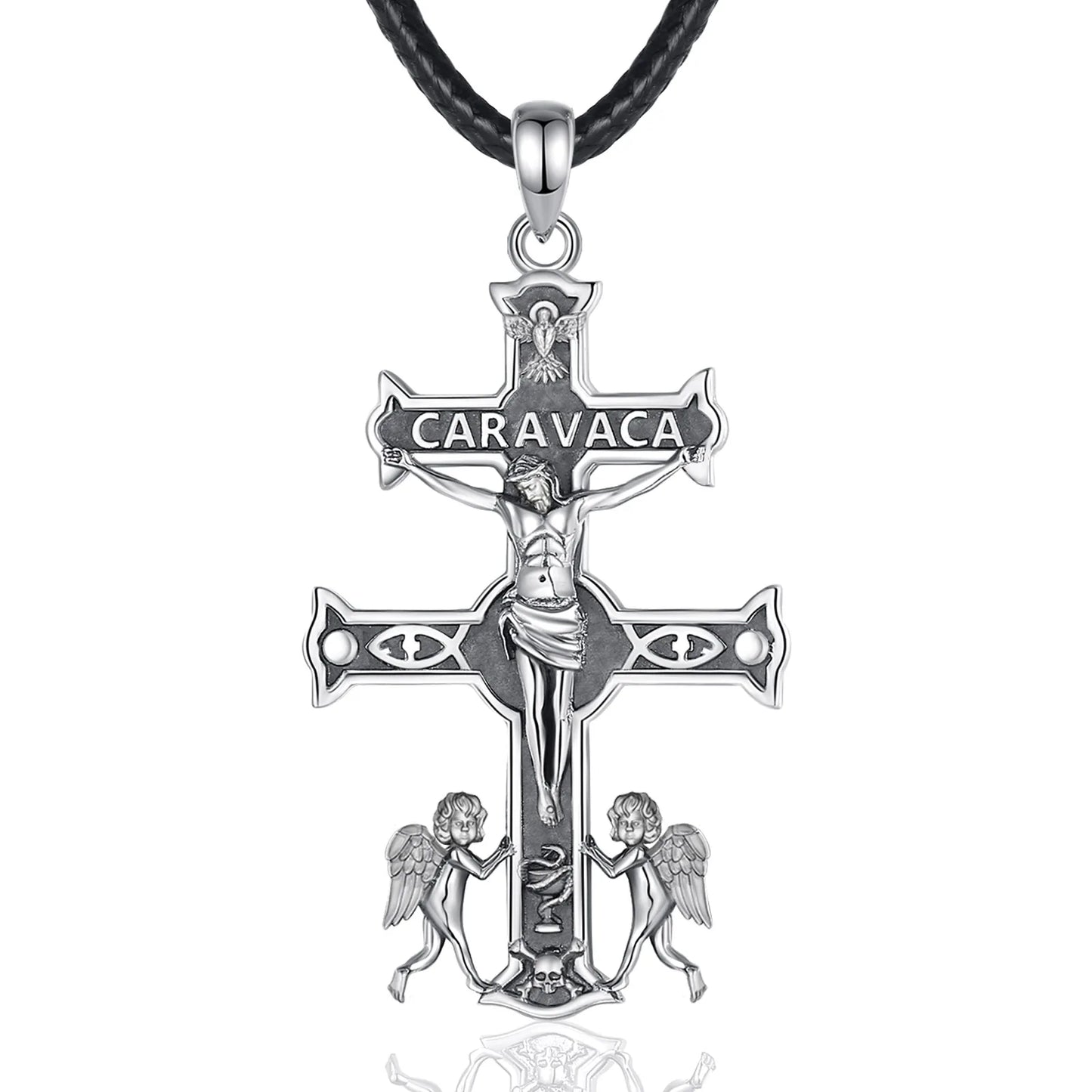 Collier Croix Jésus en argent sterling 925 Caravaca Eudora – Pendentif amulette ange vintage | Bijou religieux, cadeau original pour homme 