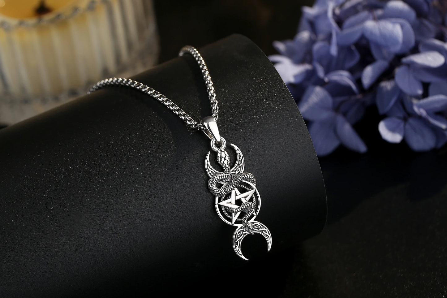 Collier Eudora en argent sterling 925 avec pendentif pentagramme serpent et triple lune, amulette, bijou wicca païen, cadeau pour femme ou homme. 
