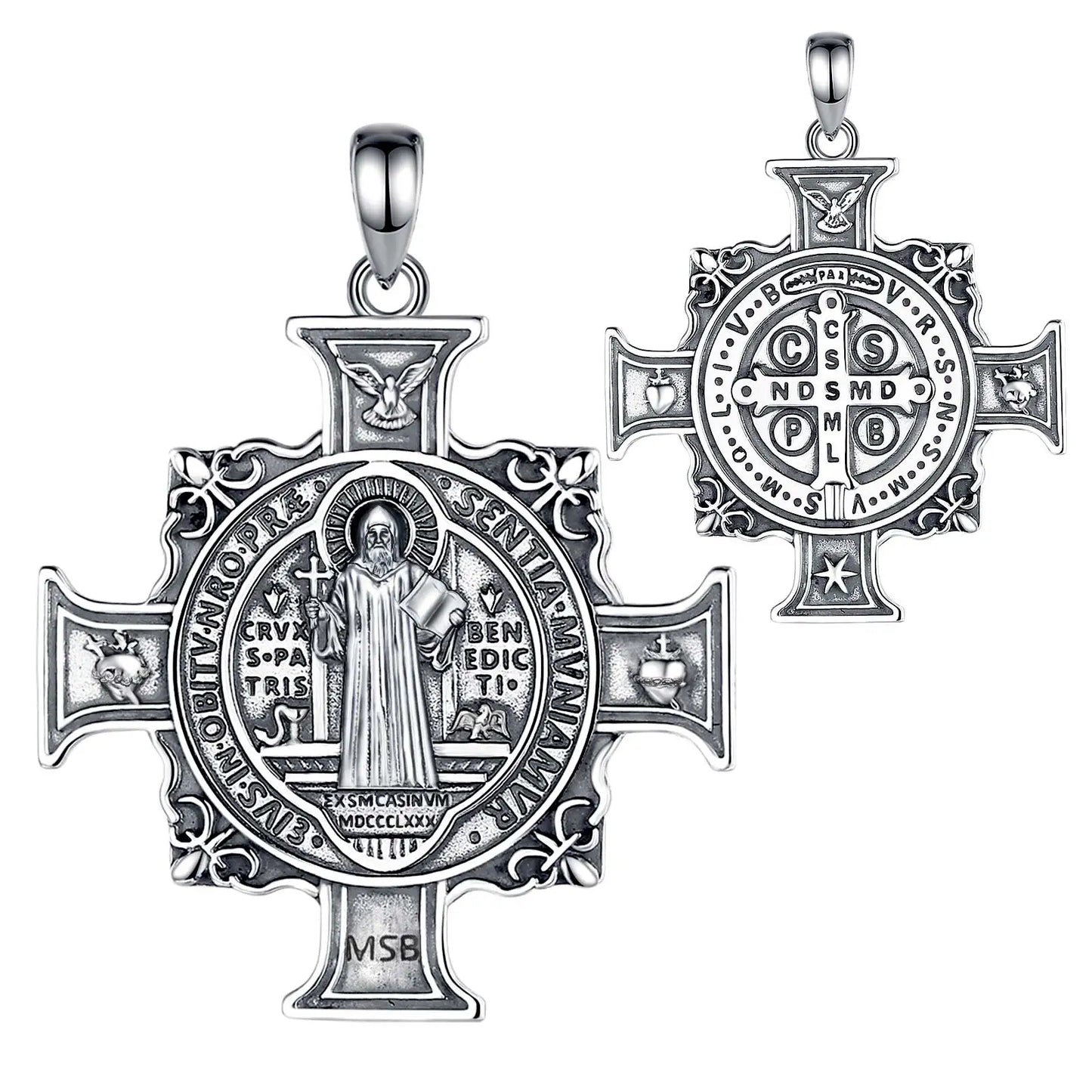 Collier Eudora en argent sterling 925 avec pendentif croix de Saint Benoît | Bijou religieux catholique pour hommes et femmes 