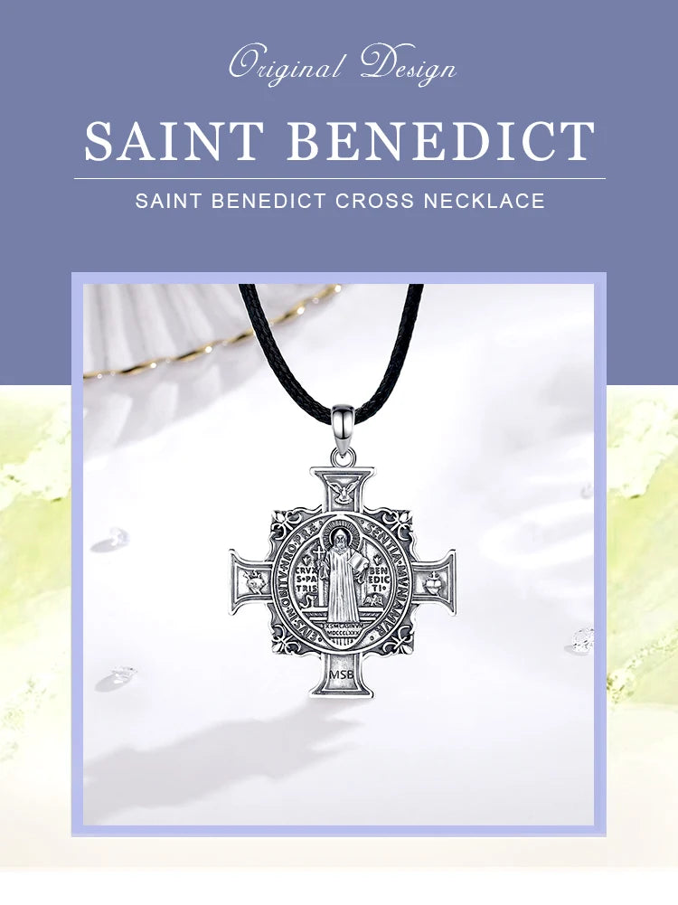 Collier Eudora en argent sterling 925 avec pendentif croix de Saint Benoît | Bijou religieux catholique pour hommes et femmes 