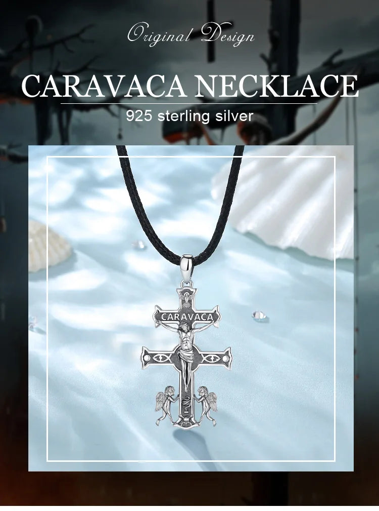 Collier Croix Jésus en argent sterling 925 Caravaca Eudora – Pendentif amulette ange vintage | Bijou religieux, cadeau original pour homme 