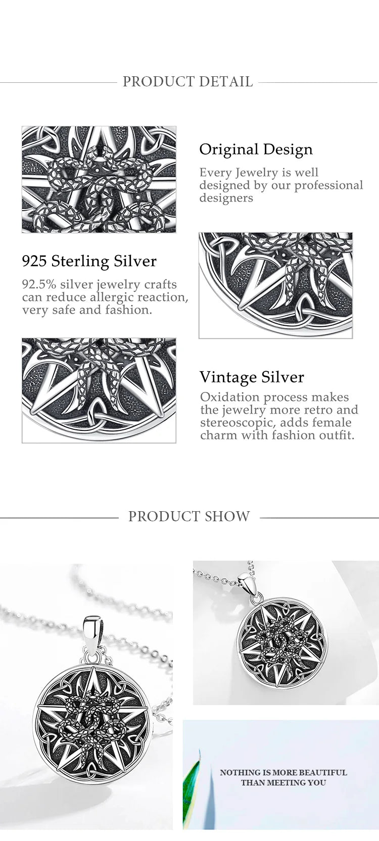 Collier Eudora en argent sterling 925 avec pentagramme et serpent – ​​Pendentif croissant de lune et nœud celtique | Bijou spirituel wiccan païen pour homme