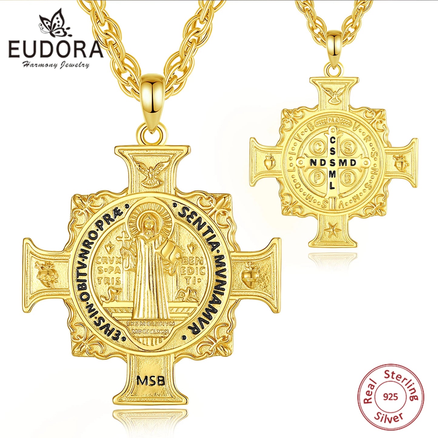Collier Eudora en argent sterling 925 avec pendentif croix et médaille de Saint Benoît – Plaqué or 18 carats | Bijou de protection chrétien pour homme 