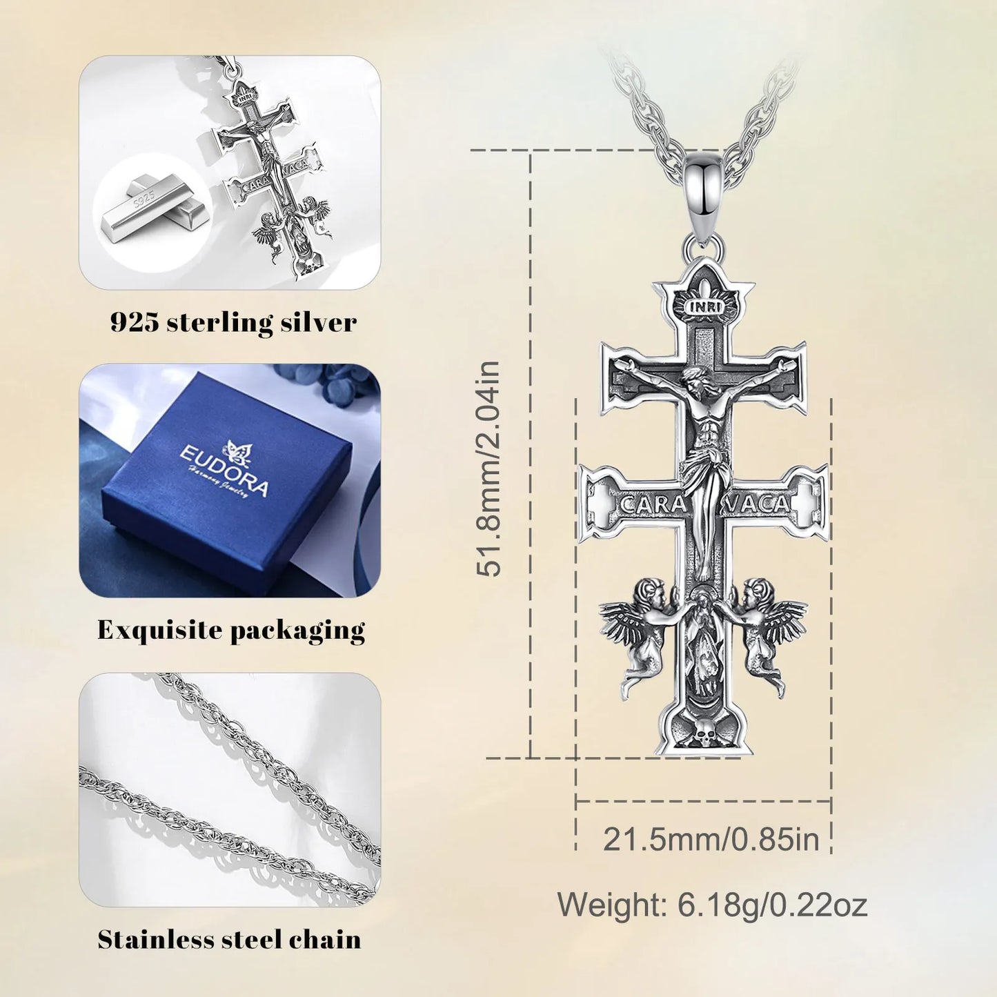 Collier Croix Caravaca en argent sterling 925 Eudora – Pendentif Croix orthodoxe Jésus Ange | Bijou chrétien catholique, cadeau pour hommes et femmes