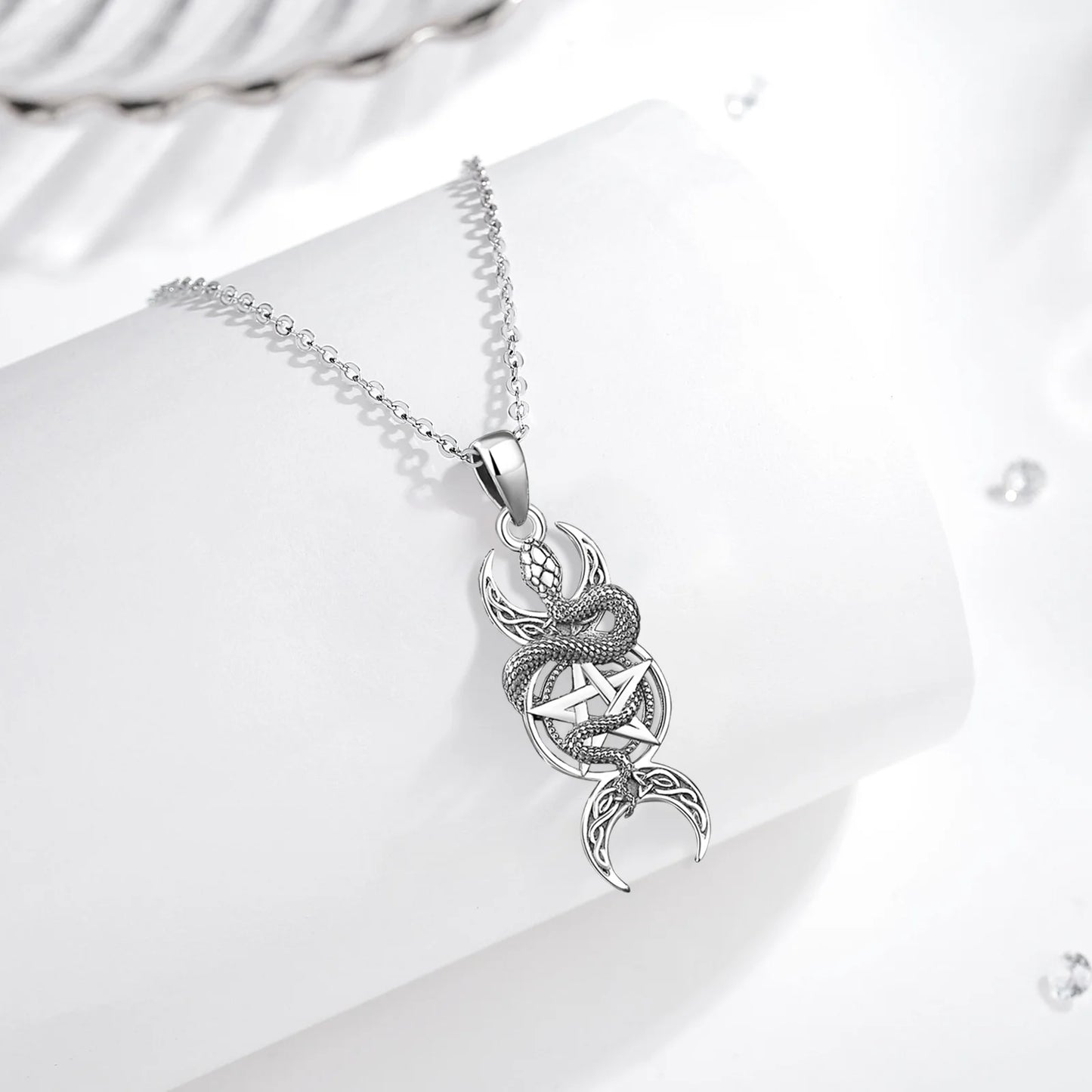 Collier Eudora en argent sterling 925 avec pendentif pentagramme serpent et triple lune, amulette, bijou wicca païen, cadeau pour femme ou homme. 