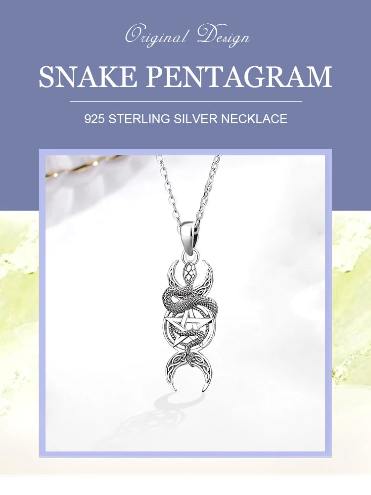 Collier Eudora en argent sterling 925 avec pendentif pentagramme serpent et triple lune, amulette, bijou wicca païen, cadeau pour femme ou homme. 