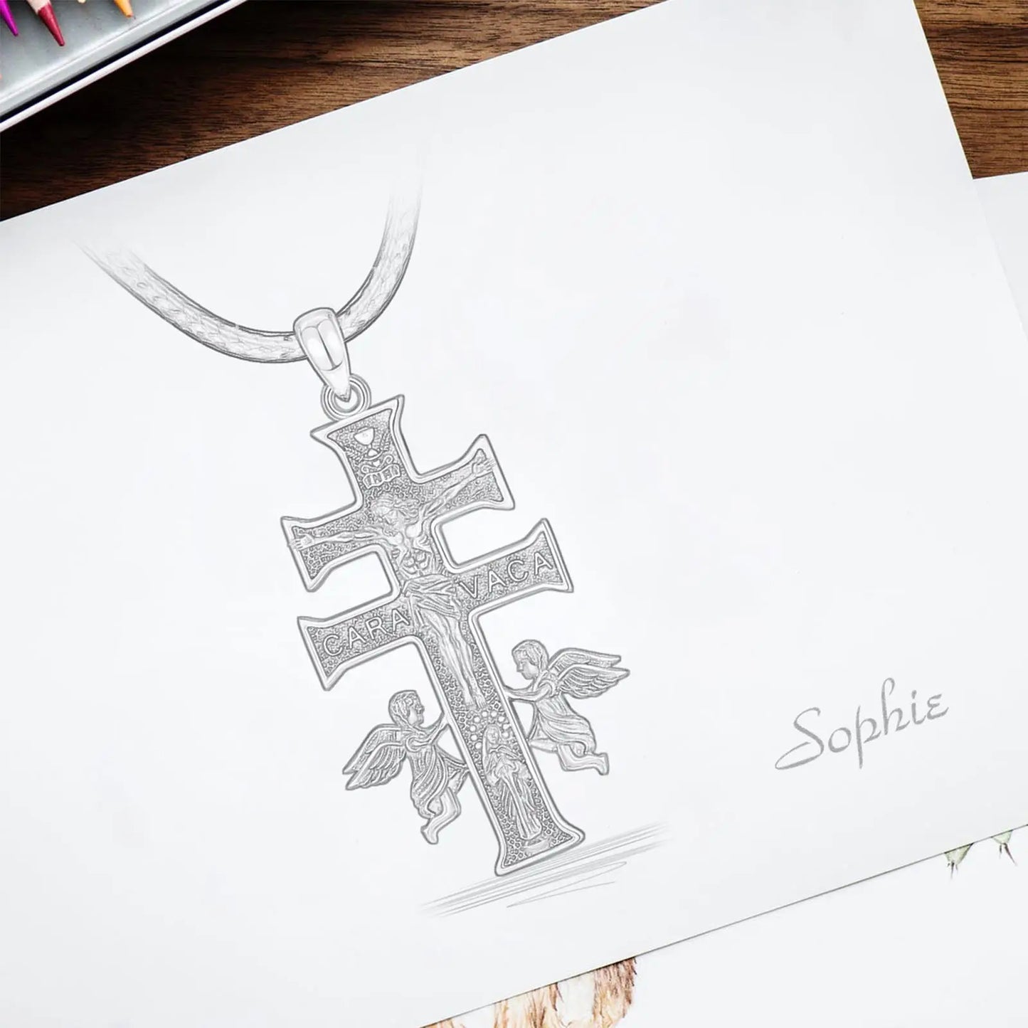 Collier Croix Caravaca en Argent Sterling 925 Eudora – Pendentif Amulette Vintage Jésus et Ange | Bijou religieux pour homme