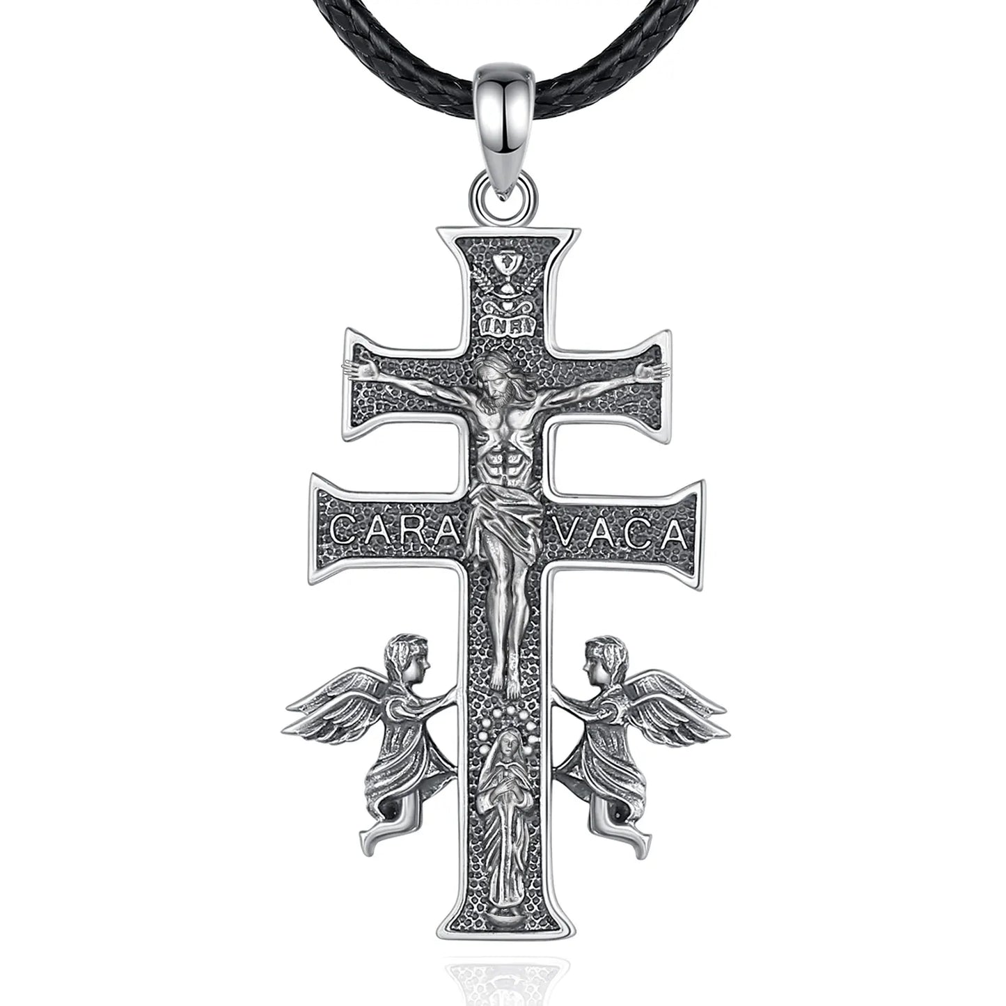 Collier Croix Caravaca en Argent Sterling 925 Eudora – Pendentif Amulette Vintage Jésus et Ange | Bijou religieux pour homme
