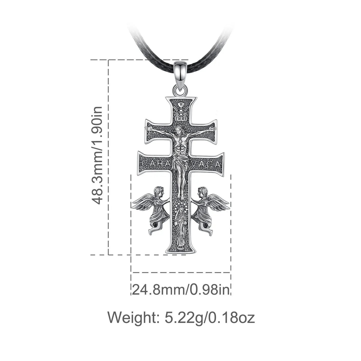 Collier Croix Caravaca en Argent Sterling 925 Eudora – Pendentif Amulette Vintage Jésus et Ange | Bijou religieux pour homme