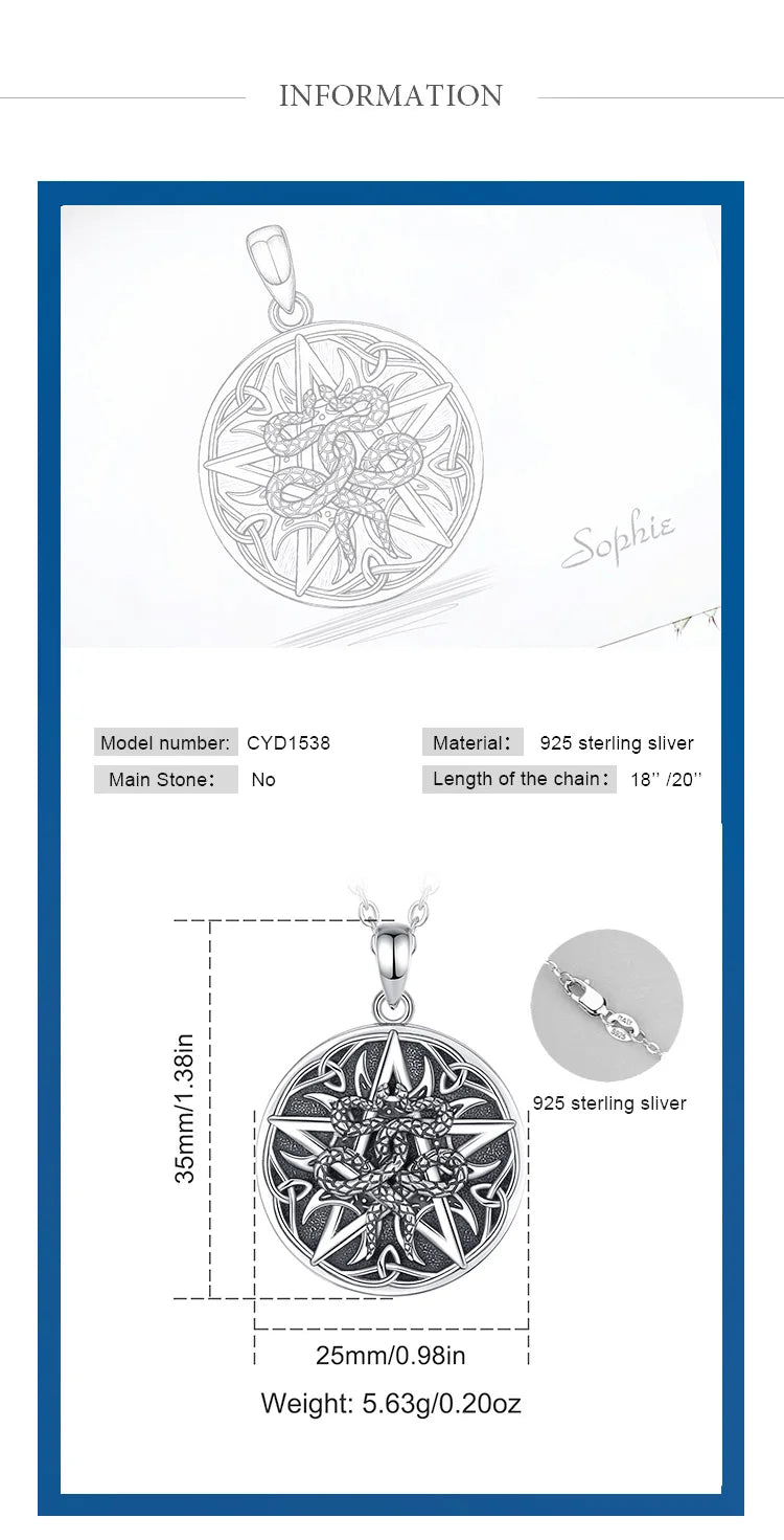 Collier Eudora en argent sterling 925 avec pentagramme et serpent – ​​Pendentif croissant de lune et nœud celtique | Bijou spirituel wiccan païen pour homme