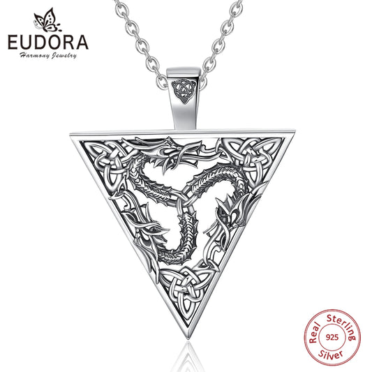 Collar Eudora de dragón en plata de ley 925 con amuleto de triqueta y espiral de nudo celta | Joyería pagana Wicca, regalo para mujeres y hombres 
