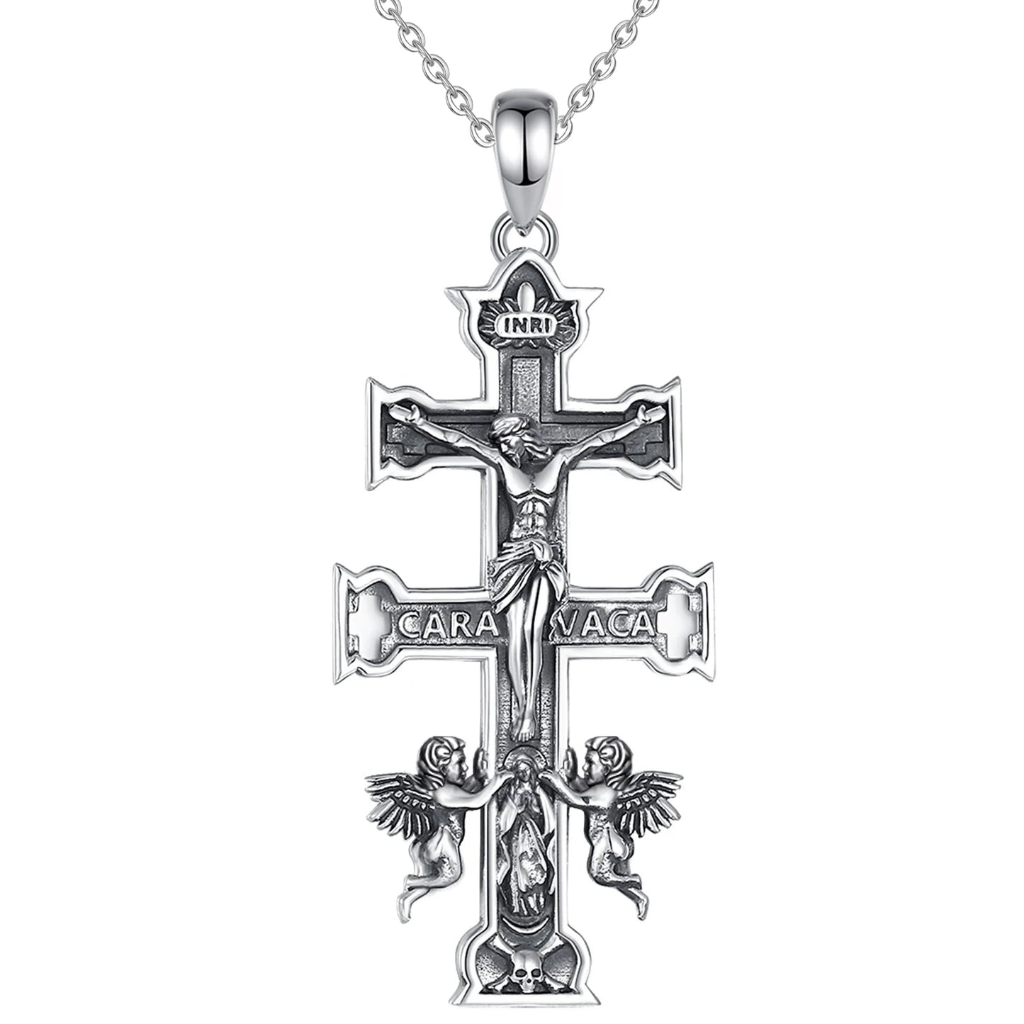Collier Croix Caravaca en argent sterling 925 Eudora – Pendentif Croix orthodoxe Jésus Ange | Bijou chrétien catholique, cadeau pour hommes et femmes