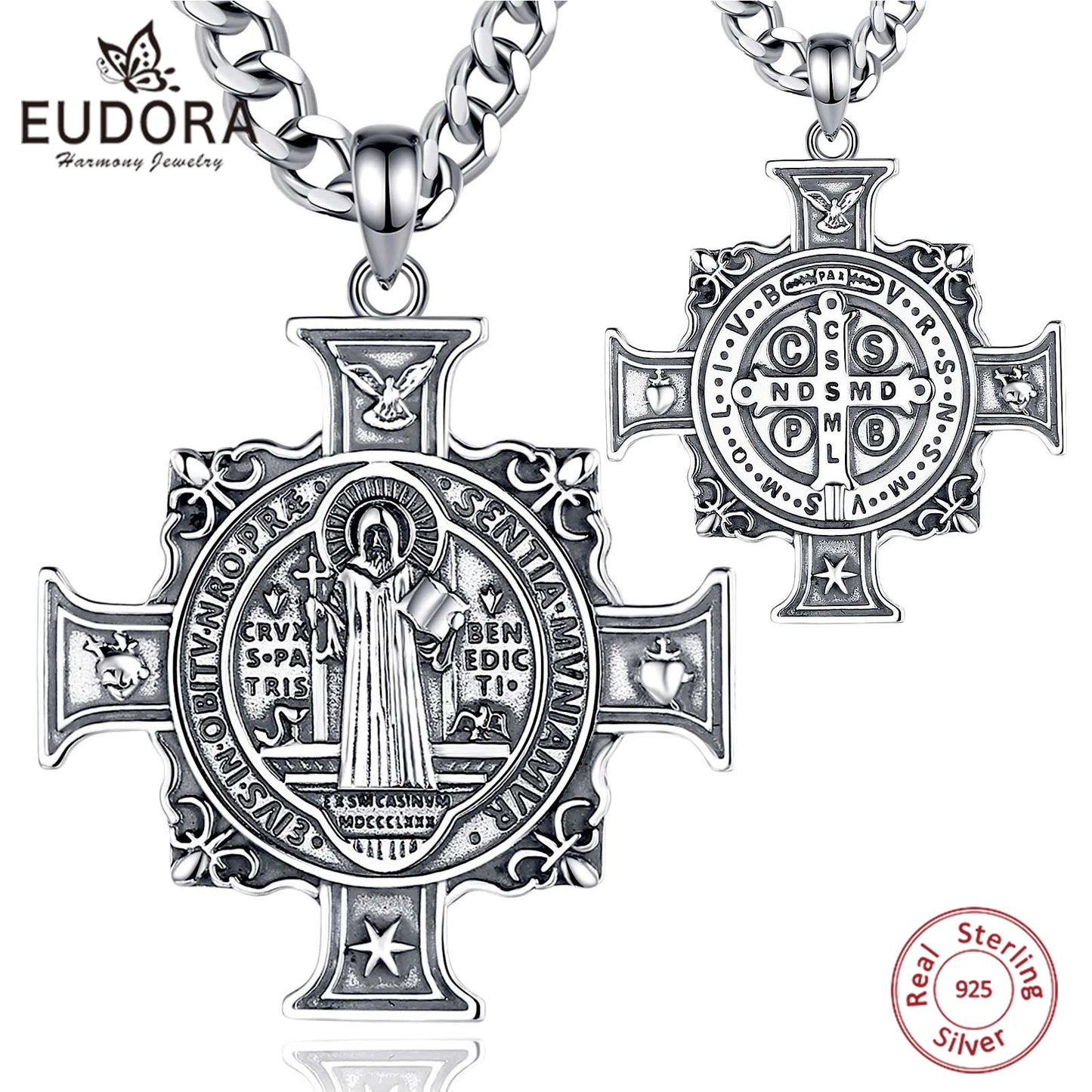 Collier Eudora en argent sterling 925 avec pendentif croix de Saint Benoît | Bijou religieux catholique pour hommes et femmes 