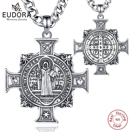 Collar Eudora de plata de ley 925 con la Medalla de San Benito y colgante de cruz de San Benito | Joyería religiosa católica para hombre y mujer 