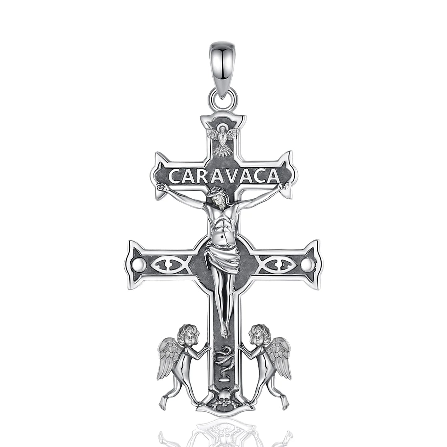 Collier Croix Jésus en argent sterling 925 Caravaca Eudora – Pendentif amulette ange vintage | Bijou religieux, cadeau original pour homme 