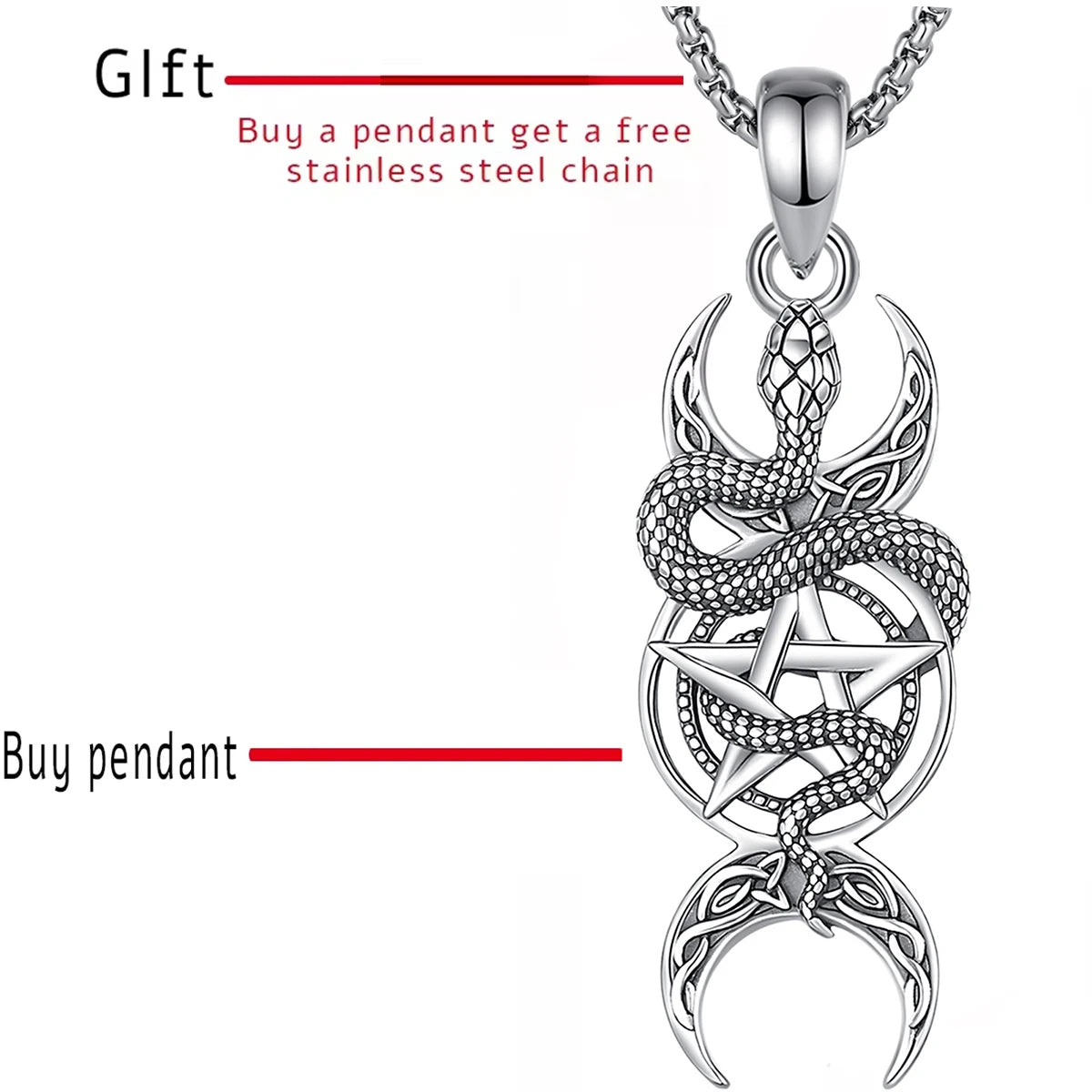 Collier Eudora en argent sterling 925 avec pendentif pentagramme serpent et triple lune, amulette, bijou wicca païen, cadeau pour femme ou homme. 