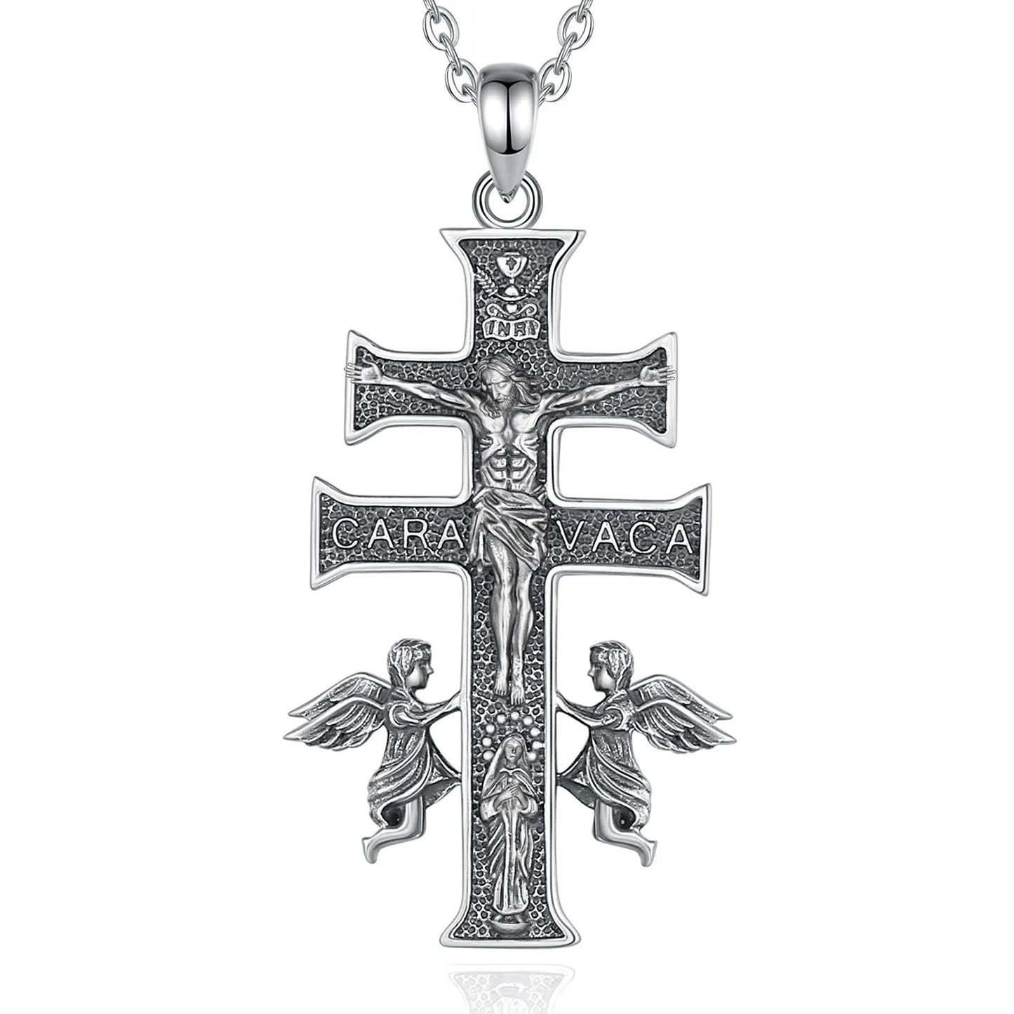 Collier Croix Caravaca en Argent Sterling 925 Eudora – Pendentif Amulette Vintage Jésus et Ange | Bijou religieux pour homme