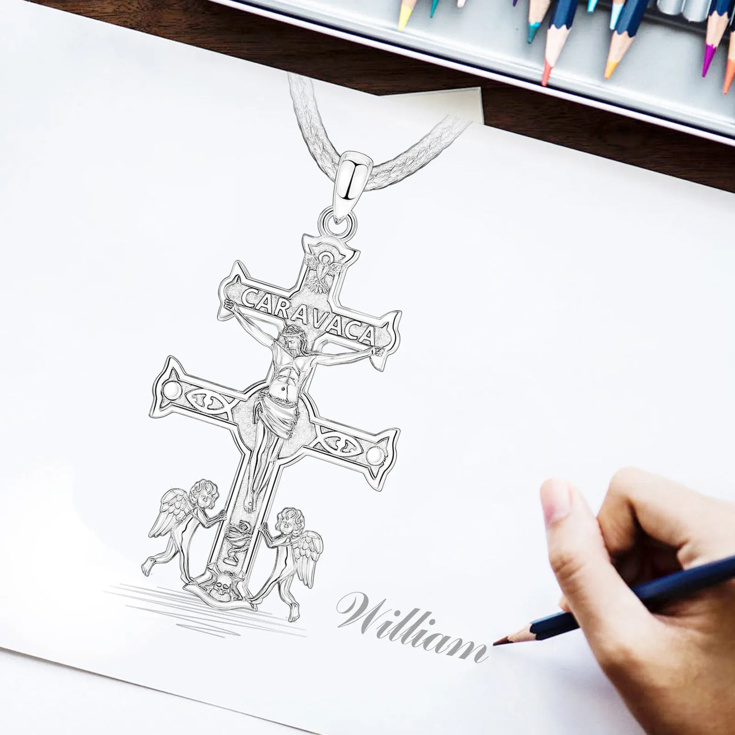 Collier Croix Jésus en argent sterling 925 Caravaca Eudora – Pendentif amulette ange vintage | Bijou religieux, cadeau original pour homme 