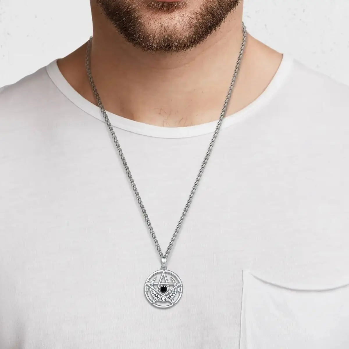 Collier Eudora en argent sterling 925 avec pentagramme et pendentif amulette triple lune en zircon noir | Bijou païen wicca, cadeau pour femmes et hommes