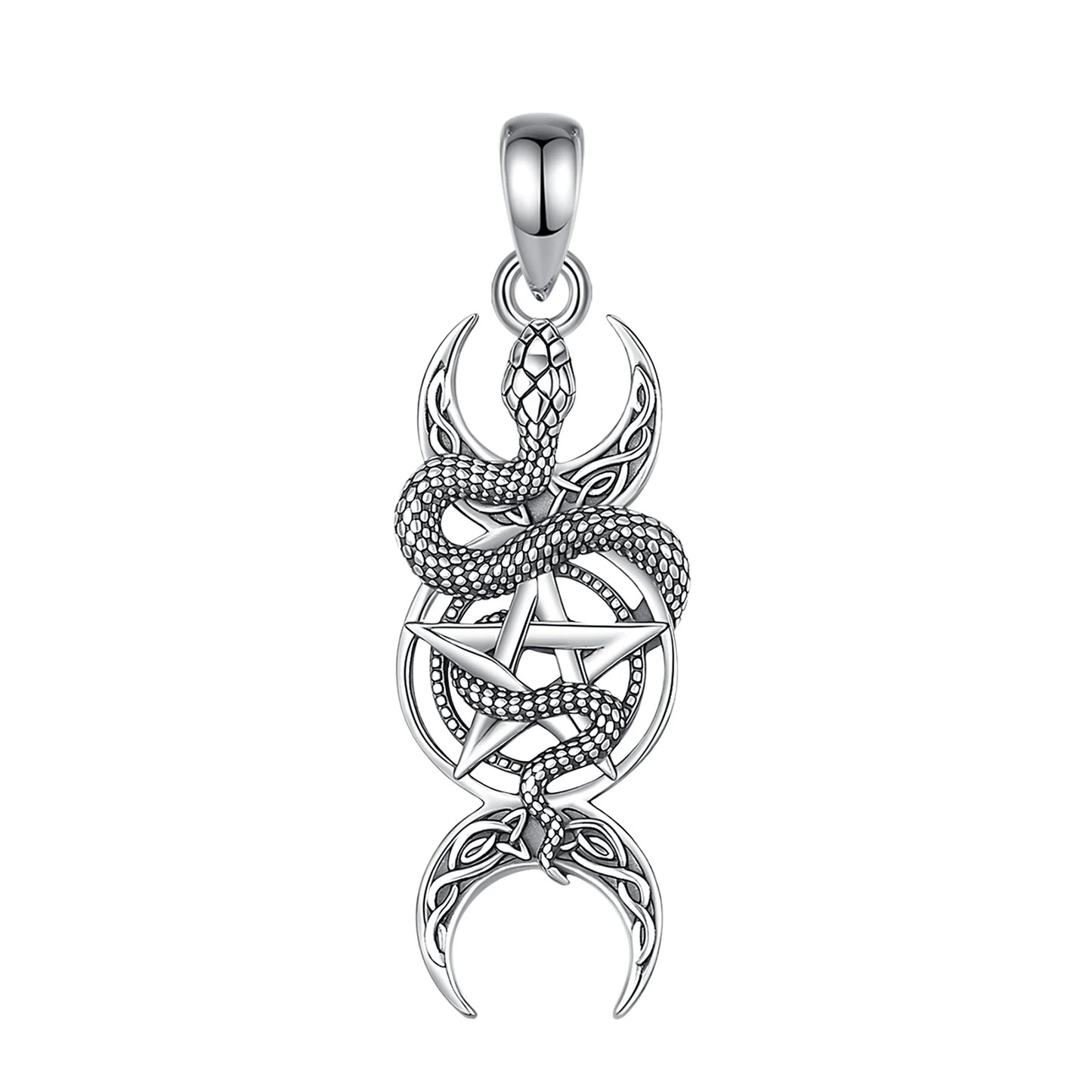 Collier Eudora en argent sterling 925 avec pendentif pentagramme serpent et triple lune, amulette, bijou wicca païen, cadeau pour femme ou homme. 