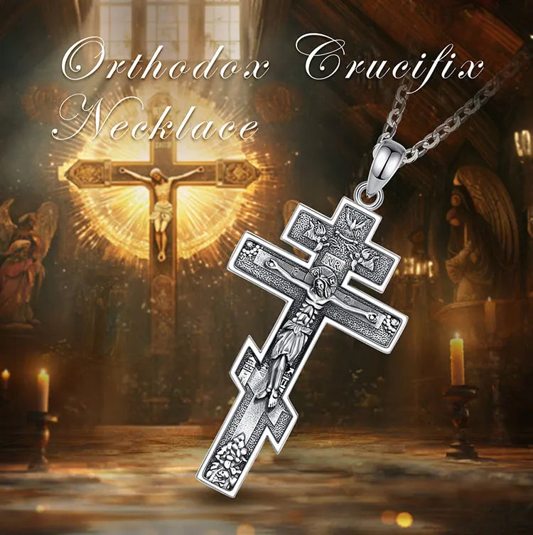 Collier Croix Orthodoxe Eudora en Argent Sterling 925 – Pendentif Crucifix de Jésus | Bijou religieux chrétien pour hommes et femmes 